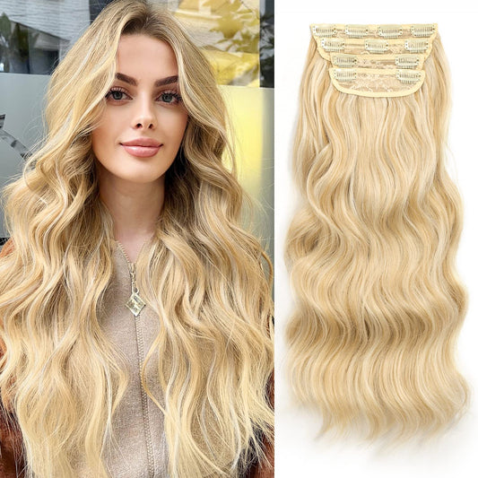 Nnzes Clip in Long Wavy Hair Extension 4PCS Thick Hairpieces Double Weft 20 Inch Synthetic Blonde mix Bleach Blonde Hair Extension for Women