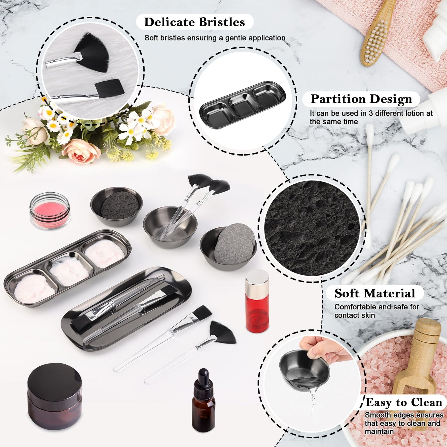 21 Pcs Black Esthetician Supplies 3 Stainless Steel Facial Mask Mixing Bowls 3 Fan Brushes Esthetician 3 Facial Flat Brushes Skincare Tray 3-Compartment Serving Tray 10 Round Compressed Facial Sponges