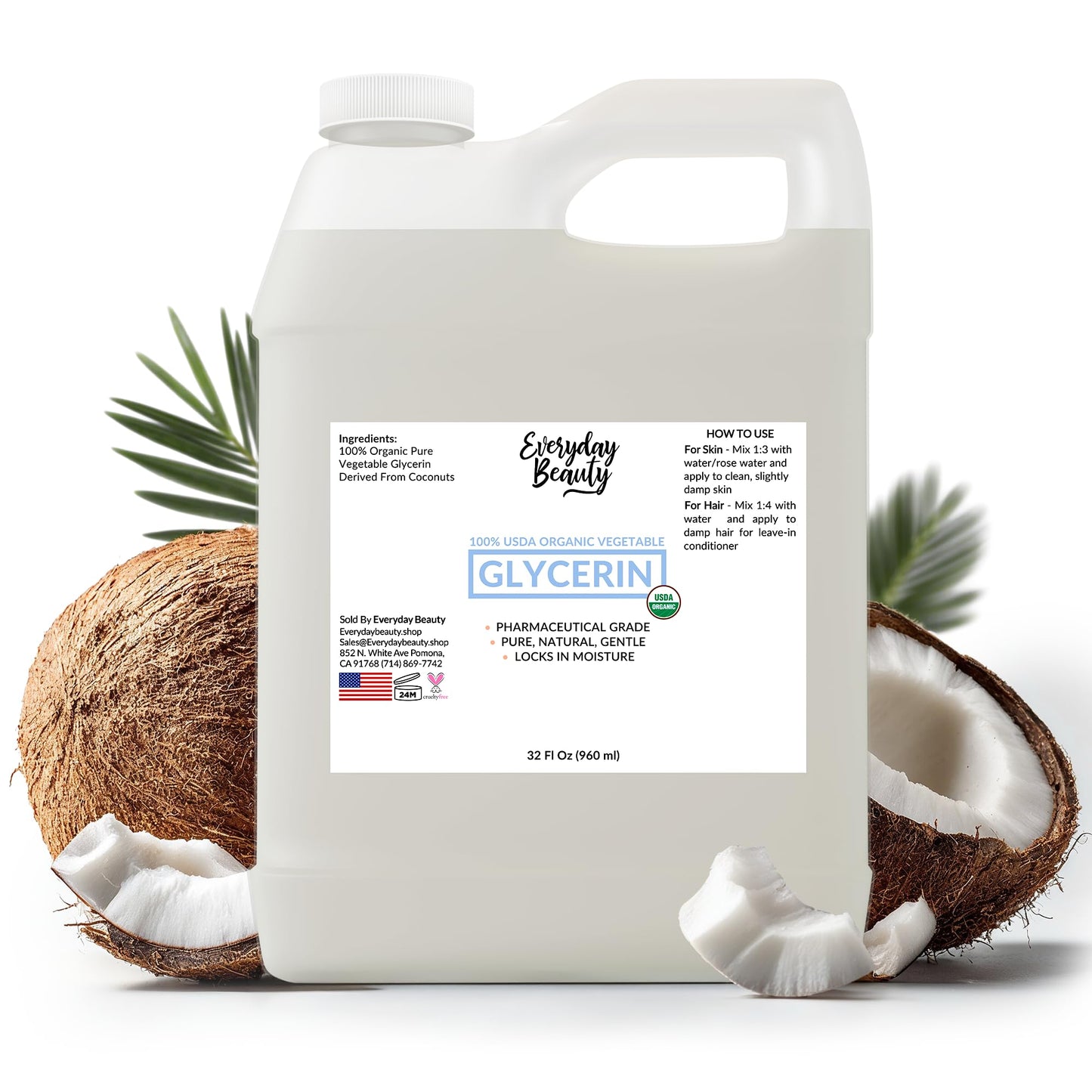 100% Organic Glycerin – USDA Certified - Perfect for DIY Beauty Products, Crafts, and Formulations – Derived From Coconut – Skin and Hair Moisturizer for Deep Hydration – 32 Fl Oz – By Everyday Beauty