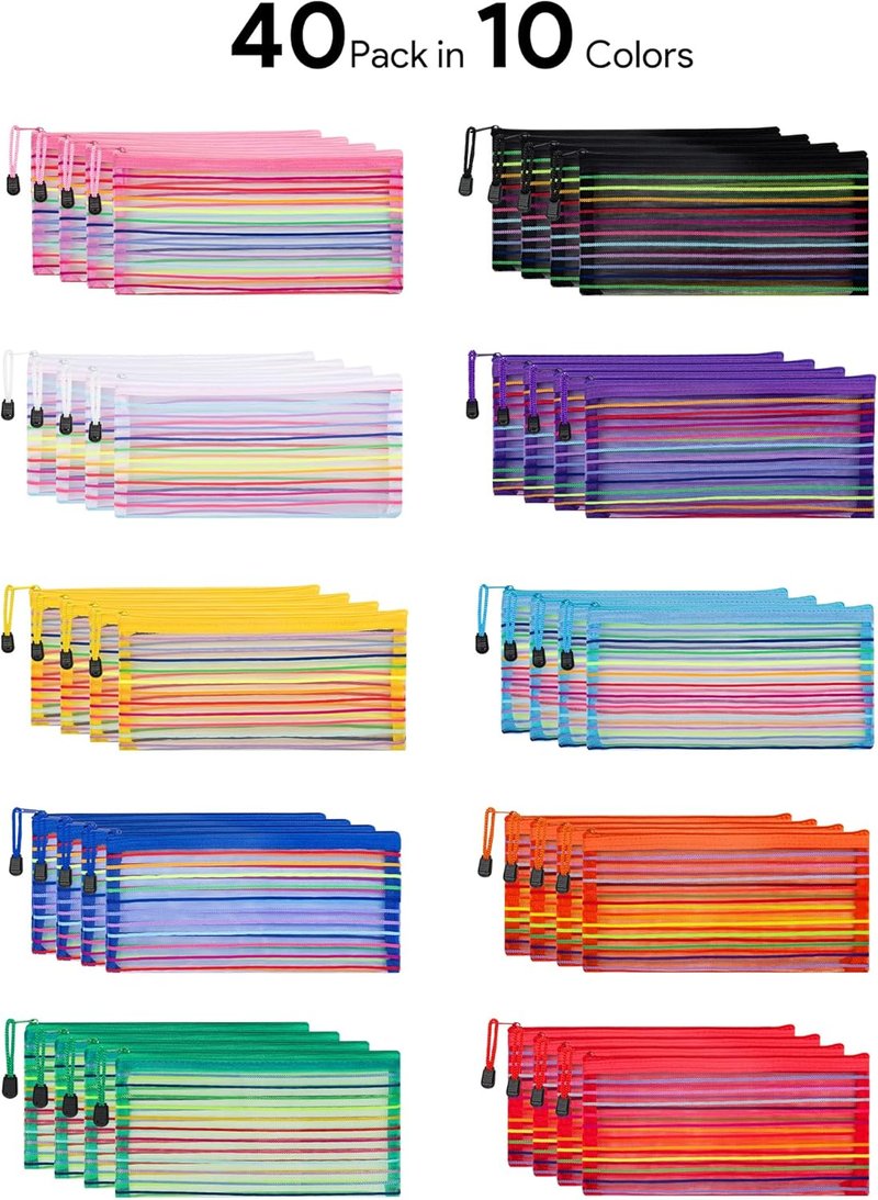 JARLINK 40-Pack Zipper Mesh Pouches | Colorful Storage for School, Office & Travel Accessories