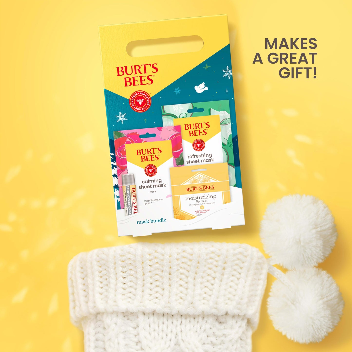 Burt's Bees Mask Bundle Gift Set; , Ultra Conditioning Lip Balm and Moisturizing Lip, Refreshing Sheet and Calming Sheet Masks; Festive Packaging; 1 Gift Set