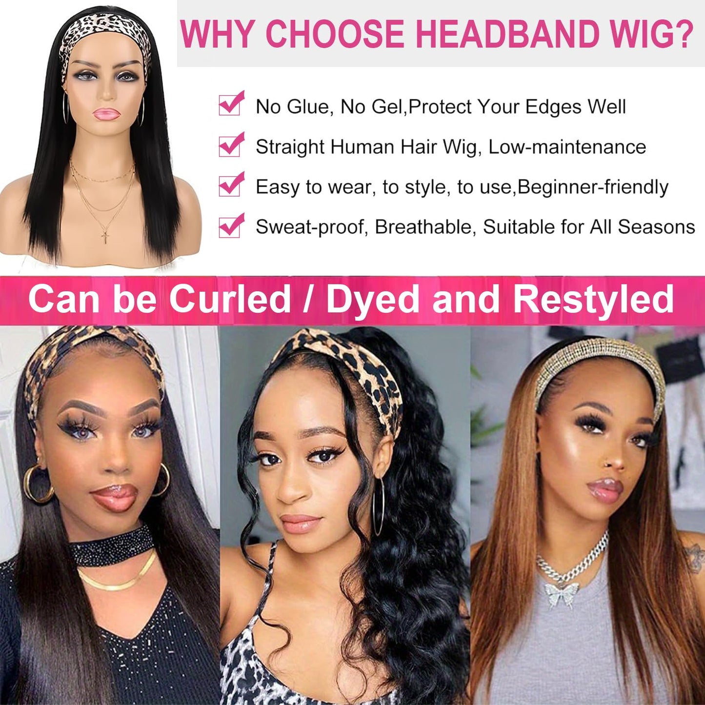 Coshgirl Straight Headband Wig Human Hair Headband Half Wigs Machine Made Glueless None Lace Front Wig Brazilian Virgin Hair Headband Wigs for Black Women150% Density Natural Color 14 Inch