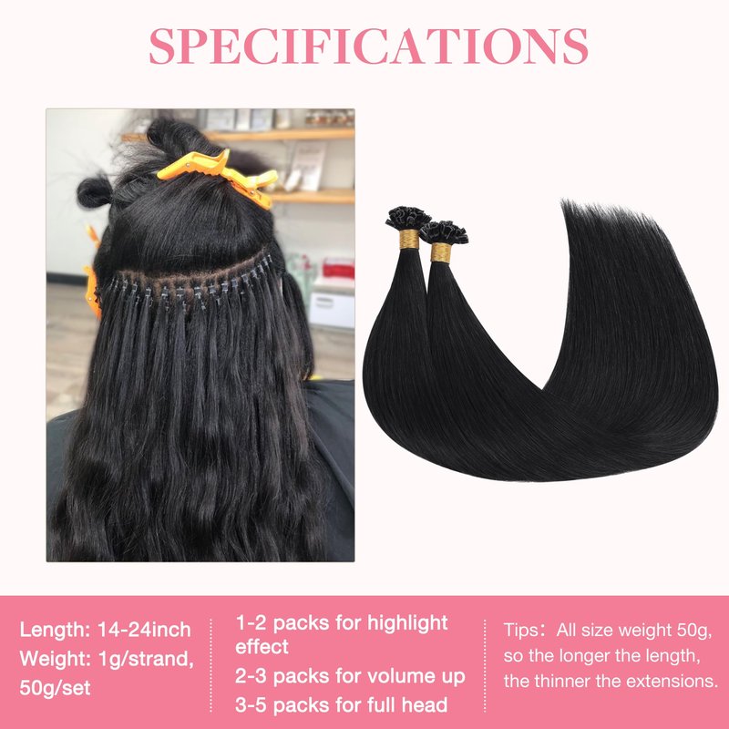 GOO GOO U Tip Real Human Hair Extensions, 16inch 50g 50S, Hot Fusion, Jet Black