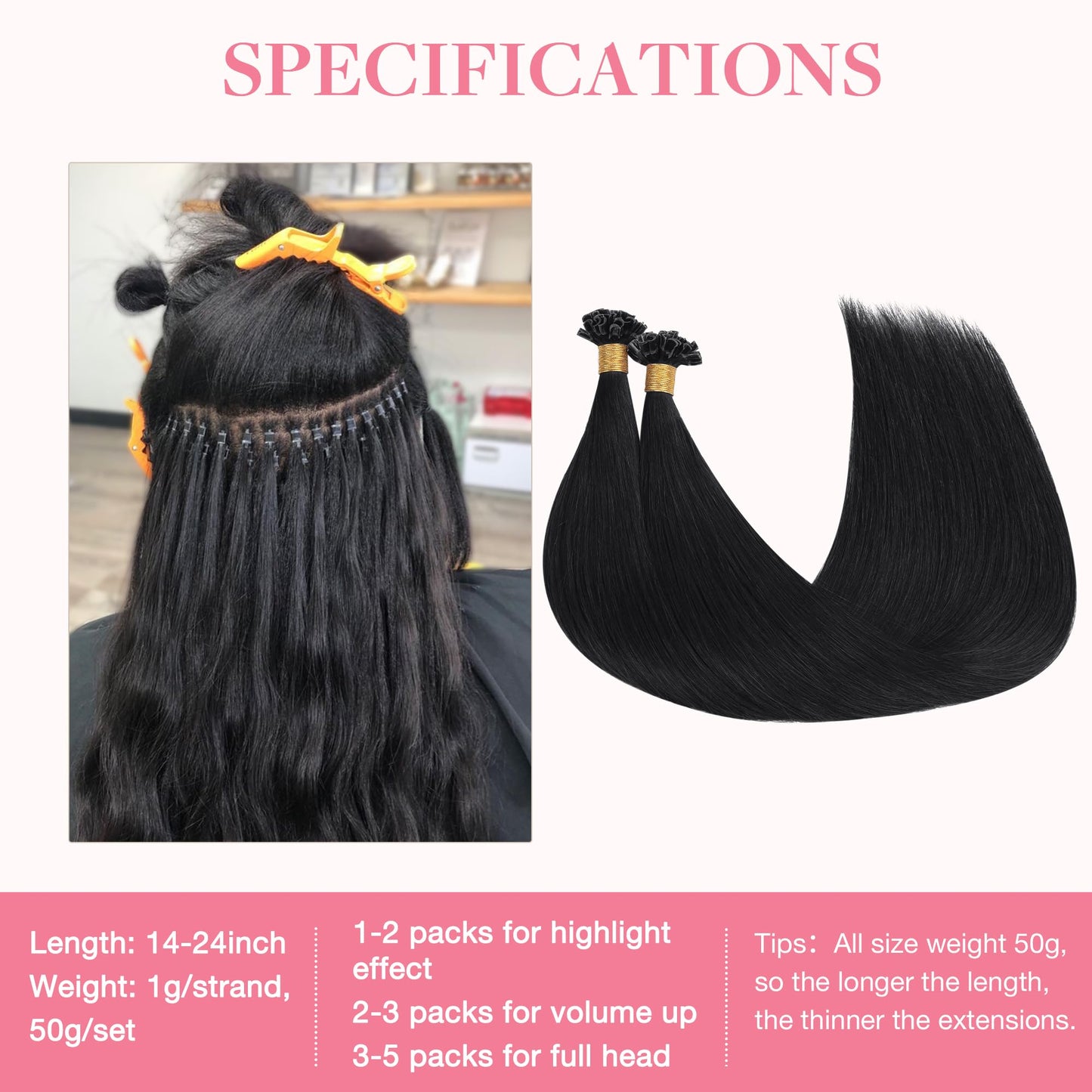 GOO GOO U Tip Real Human Hair Extensions, 16inch 50g 50S, Hot Fusion, Jet Black