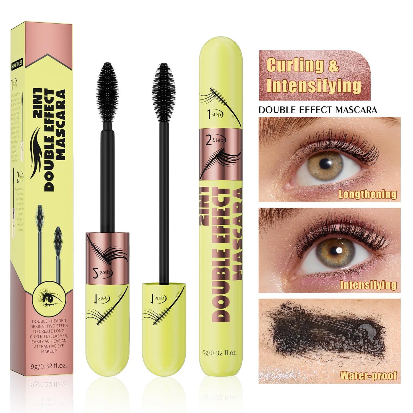 Dual-effect mascara, black and brown