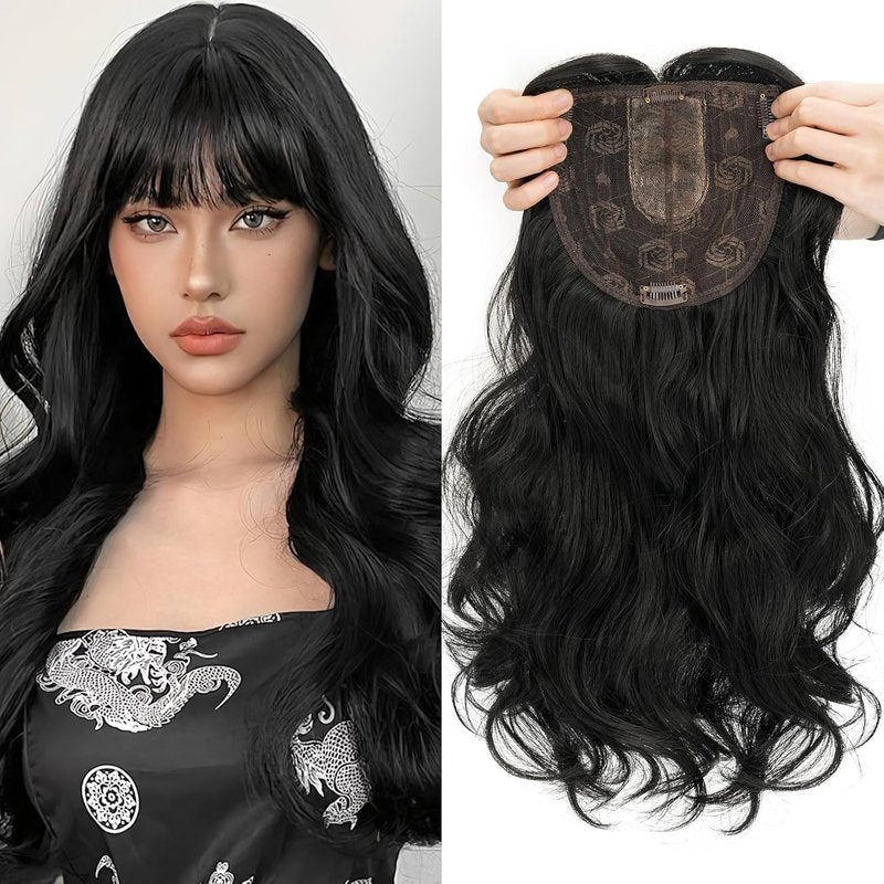 Synthetic Hair Topper for Women - 6"x6" Lace Base, Covers Gray & Thinning Hair | Soft Natural Wavy, 18" Jet Black