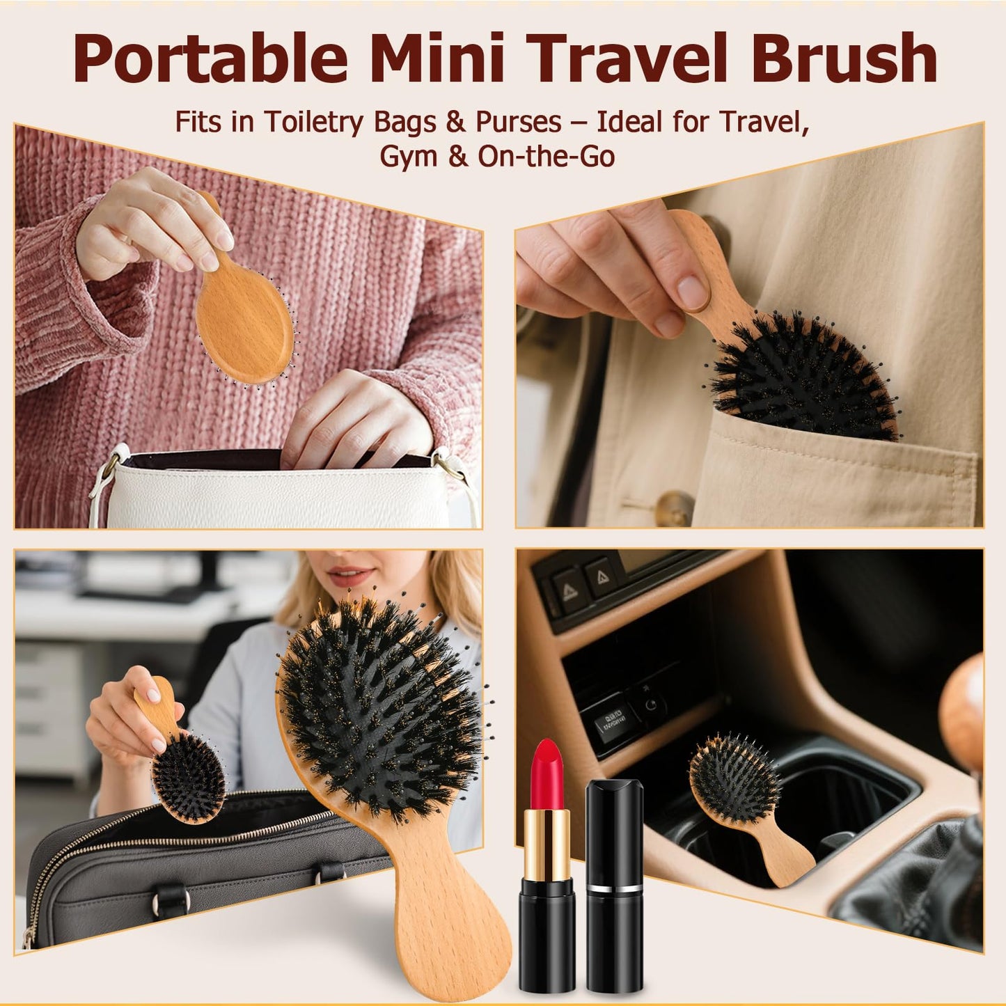 Travel Hair Brush, 5-Pack Mini Boar Bristle Hair Brush for Women - Small Portable Compact HairBrush for Girls Kids Women Best Gift, Travel Size for Purse, Vacation, Business Trips & Outings