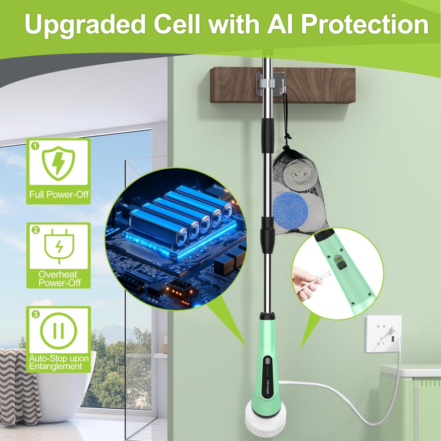 G2-Electric Spin Scrubber - IPX7 Waterproof 10-in-1 Shower Cleaner Brush, Retractable Handle & 2-Speed for Bathroom, Bathtub, Kitchen, Tile Floors