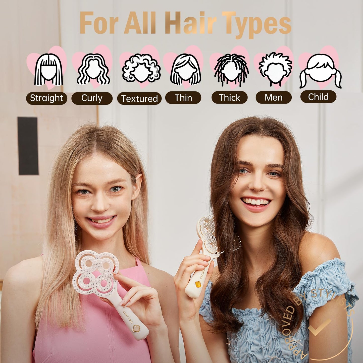 Simetra Detangler Hair Brush for Woman and Men, Original Detangling Brush for Curly Hair/Fine &Thick/Wet & Dry Hair, Flexible Bristles Hairbrush - Natural Crystal Inlay & 14K Gold Plating