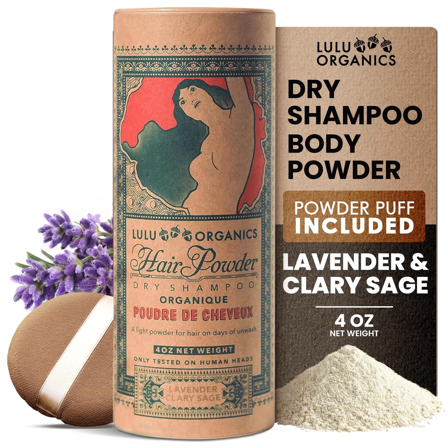 Lulu Organics Dry Shampoo Powder - Non-aerosol, Natural Dry Shampoo for Blonde or Oily Hair, Organic Body Powder, Paraben & Talc free No White Cast Synthetic Fragrance, Lavender and Clary Sage - 4oz