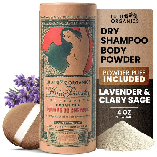 Lulu Organics Dry Shampoo Powder - Non-aerosol, Natural Dry Shampoo for Blonde or Oily Hair, Organic Body Powder, Paraben & Talc free No White Cast Synthetic Fragrance, Lavender and Clary Sage - 4oz