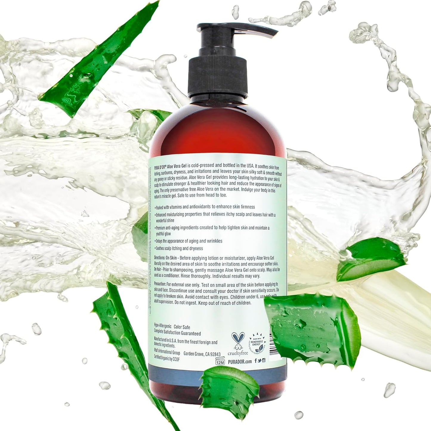 PURA D'OR Organic Aloe Vera Gel - Lavender Hydration for Skin & Hair | 16 Oz - All Natural, No Preservatives