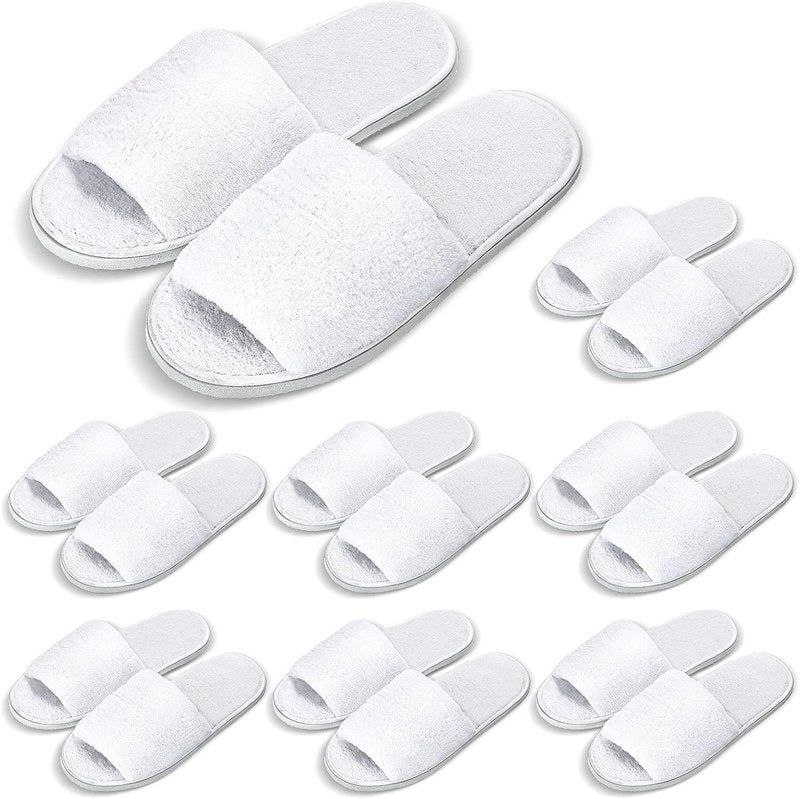 Disposable Velvet Open Toe Spa Slippers - 8 Pairs Non-Slip Travel Footwear | White, Medium