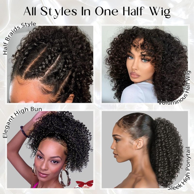 NOSTALGIA Afro Kinky Curly Half Wigs For Black Women 3 In 1 Half Wig Synthetic With Drawstring Afro Curly Glueless Flip Over Wigs Quick Install Beginner Friendly(Naturak Black 2#)