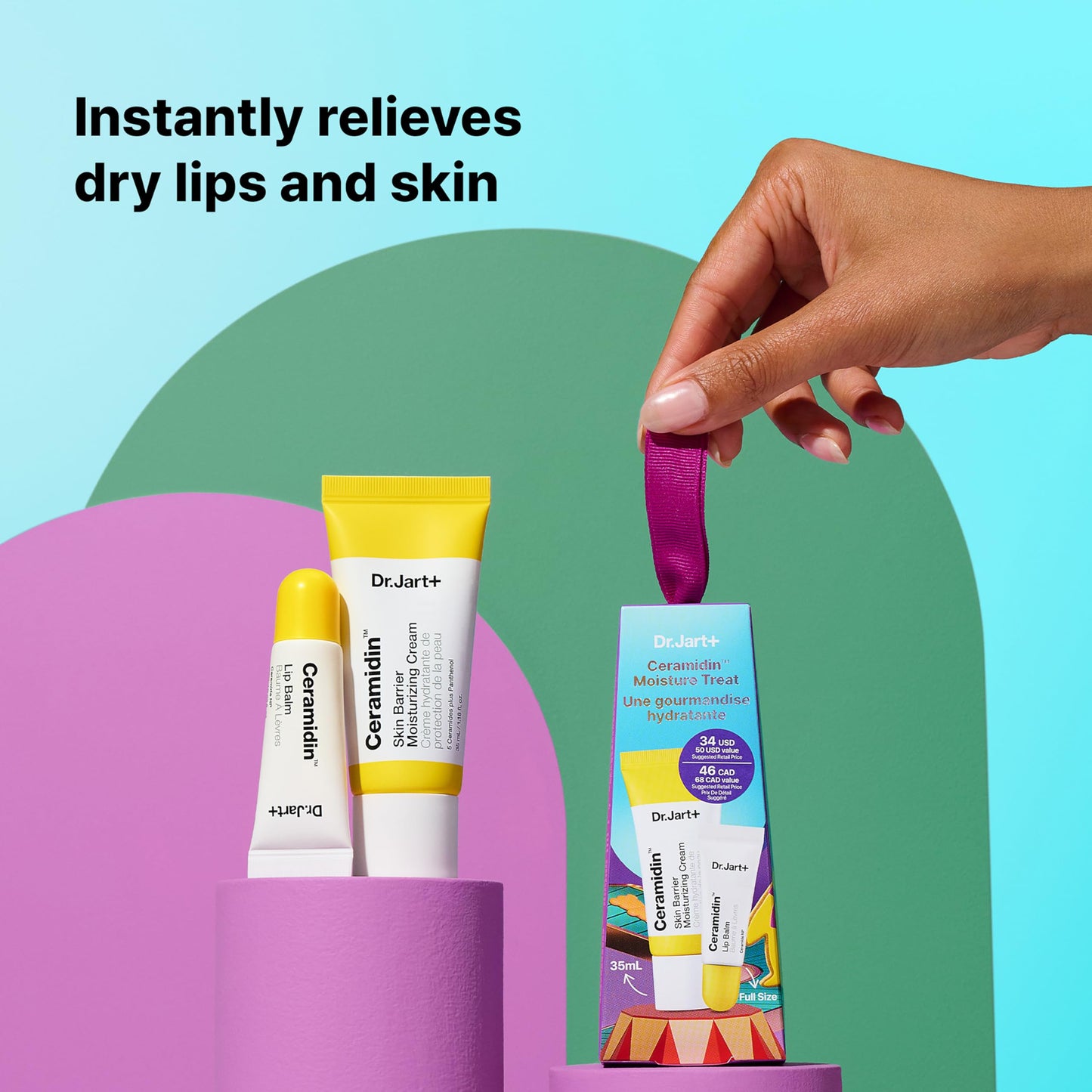 Dr.Jart+ Ceramidin Moisture Treats Korean Skin Care Ornament Gift Set, Travel Size Ceramide Face Moisturizer and Full Size Lip Balm for Hydration and Skin Barrier Repair, Limited Edition Holiday Set