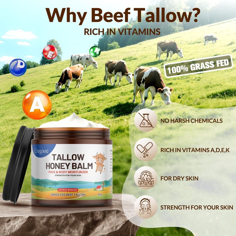 Beef Tallow for Skin - 100% Grass Fed - Whipped Tallow and Honey Balm，Moisturizer Cream for Face & Body -Natural Organic Formula for Dry & Sensitive Skin (Citrus Breeze) (4 oz)