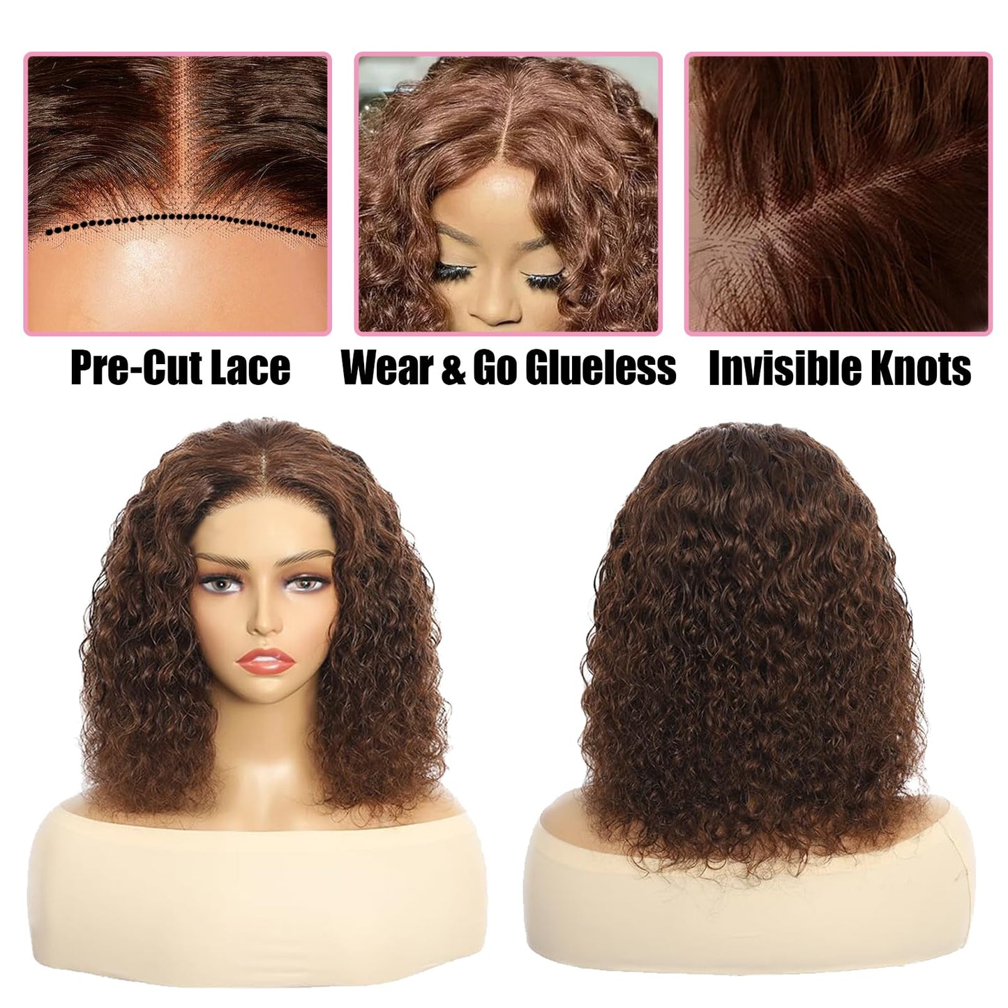 olimaruly Wear and Go Glueless Wigs Human Hair Pre Plucked Pre Cut Curly Bob Wigs Human Hair for Black Women 4x4 HD Lace Closure Deep Wave Glueless Wig Natural Black 12 Inch