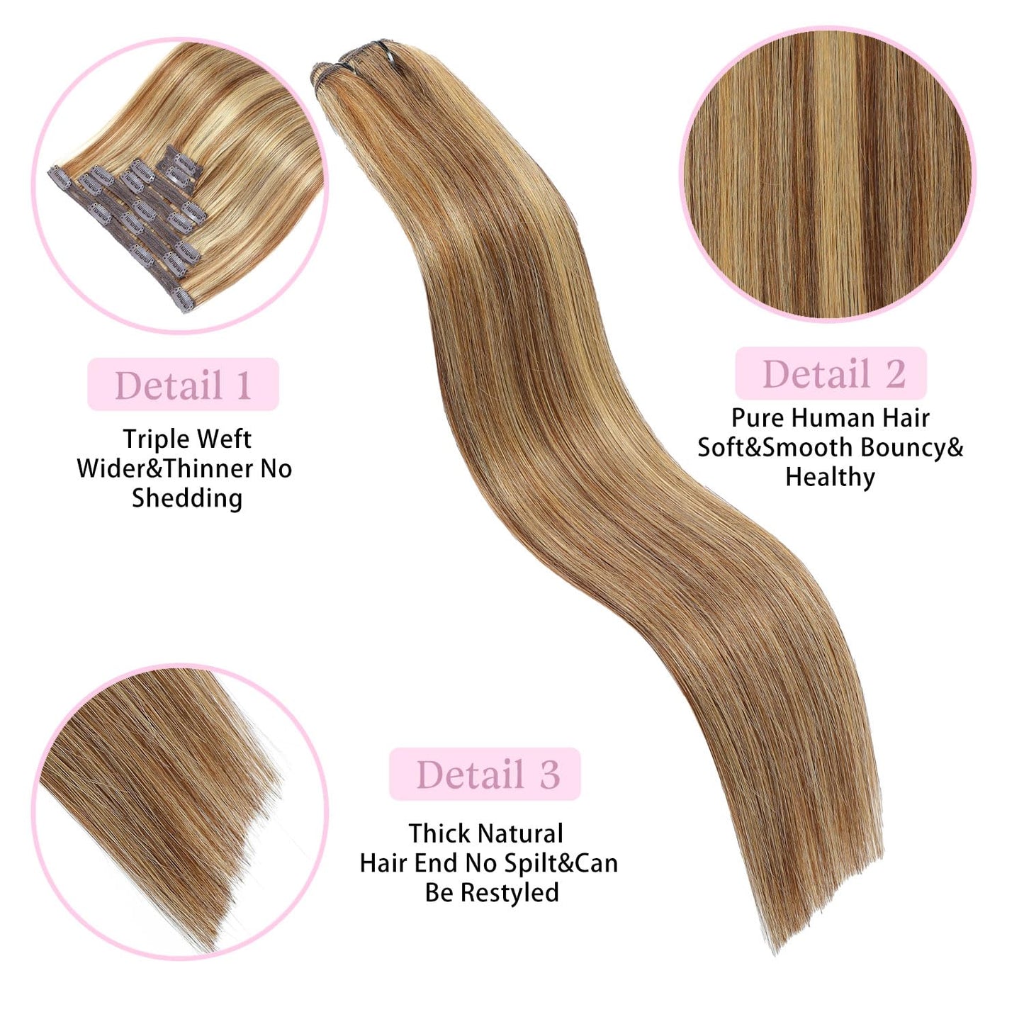 Clip in Hair Extensions Real Human Hair Chocolate Brown to Caramel Blonde 14 inch 7pcs 70g/Pack, Human Hair Clip in Extensions, Salon-Grade Quality, Easy Comfort Wear for Women (#P4/27, 14 inch)