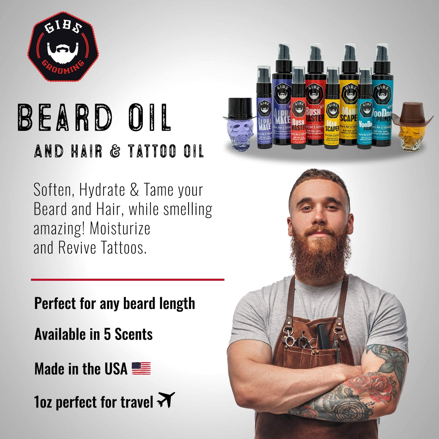 GIBS Grooming - Alpha Male Beard, Hair & Tattoo Oil (1 fl oz) Collectible Glass Skull Bottle - Softens & Strengthens - Skin Moisturizer - Vitamin C - UV Shield - Travel Size - Beard Oil - Made in USA