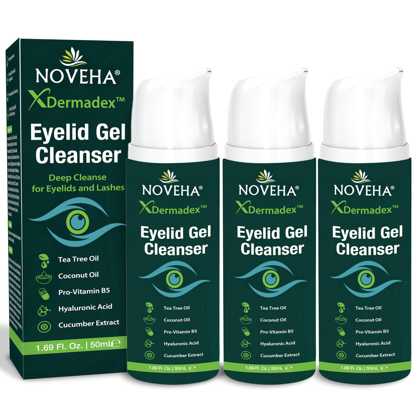 NOVEHA Eyelid & Lash Gel Cleanser with Pro-Vitamin B5, Tea Tree Oil & Hyaluronic Acid – Gentle Daily Cleansing Gel for Eyelids & Lashes – Refreshing Eye Area Care – 50mL (3 Pack)