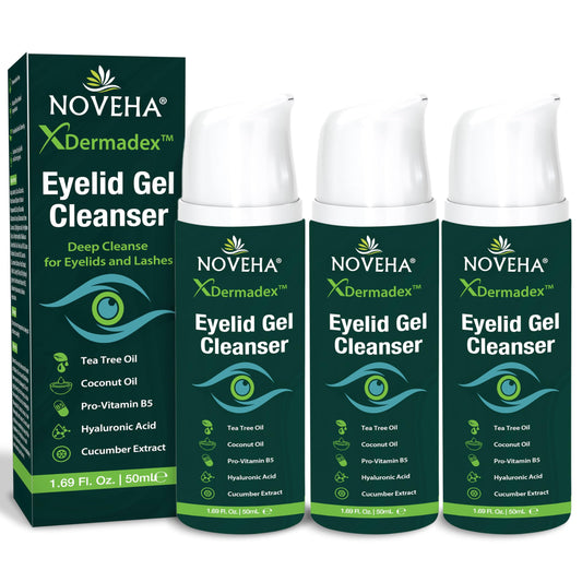 NOVEHA Eyelid & Lash Gel Cleanser with Pro-Vitamin B5, Tea Tree Oil & Hyaluronic Acid – Gentle Daily Cleansing Gel for Eyelids & Lashes – Refreshing Eye Area Care – 50mL (3 Pack)