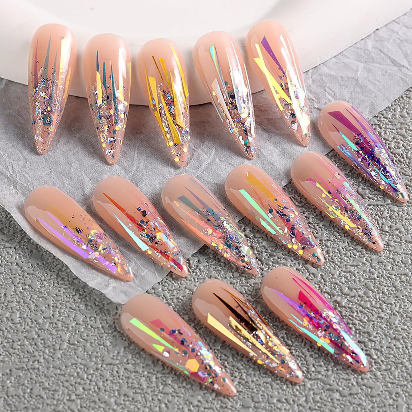 JERCLITY 12 Boxes Gradient Aurora Glass Paper Nail Sticker Foil Nail Art Holographic Colorful Glass Reflective Mirror Design Broken Glass Stripe Line Paper Nail Decals Cellophane Films Foils for Nails