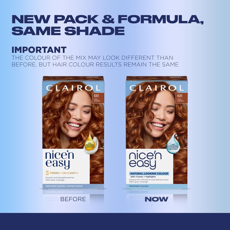Clairol Nice'n Easy Permanent Hair Dye, 6R Light Auburn | 100% Gray Coverage | Long‑Lasting, Natural‑Looking Color & Shine | Pack of 3