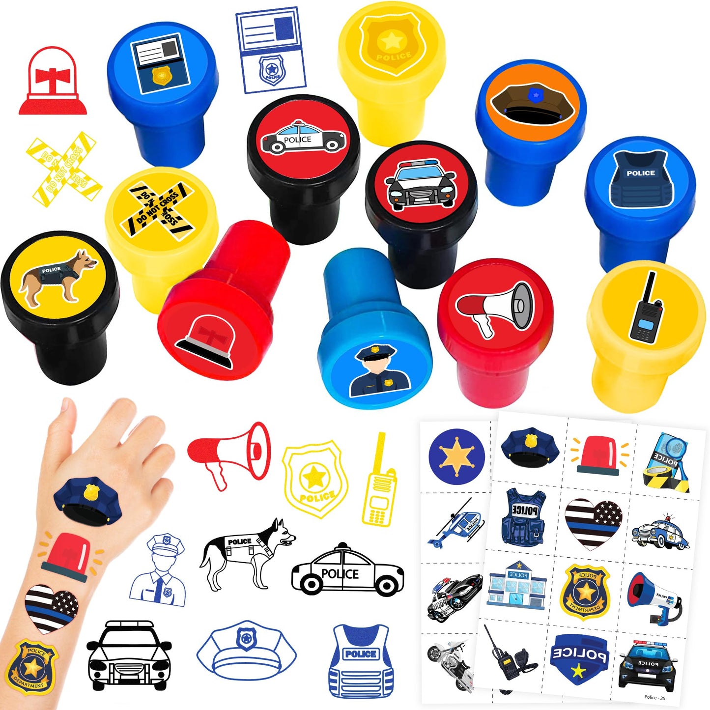 36PCS Police Party Favors - 24PCS Pre-Cut Temporary Tattoos & 12PCS Stamps - Ideal Police Officers Cops Themed Birthday Card Decorations Supplies Goodie Bag Kids Gifts Classroom Rewards Prizes