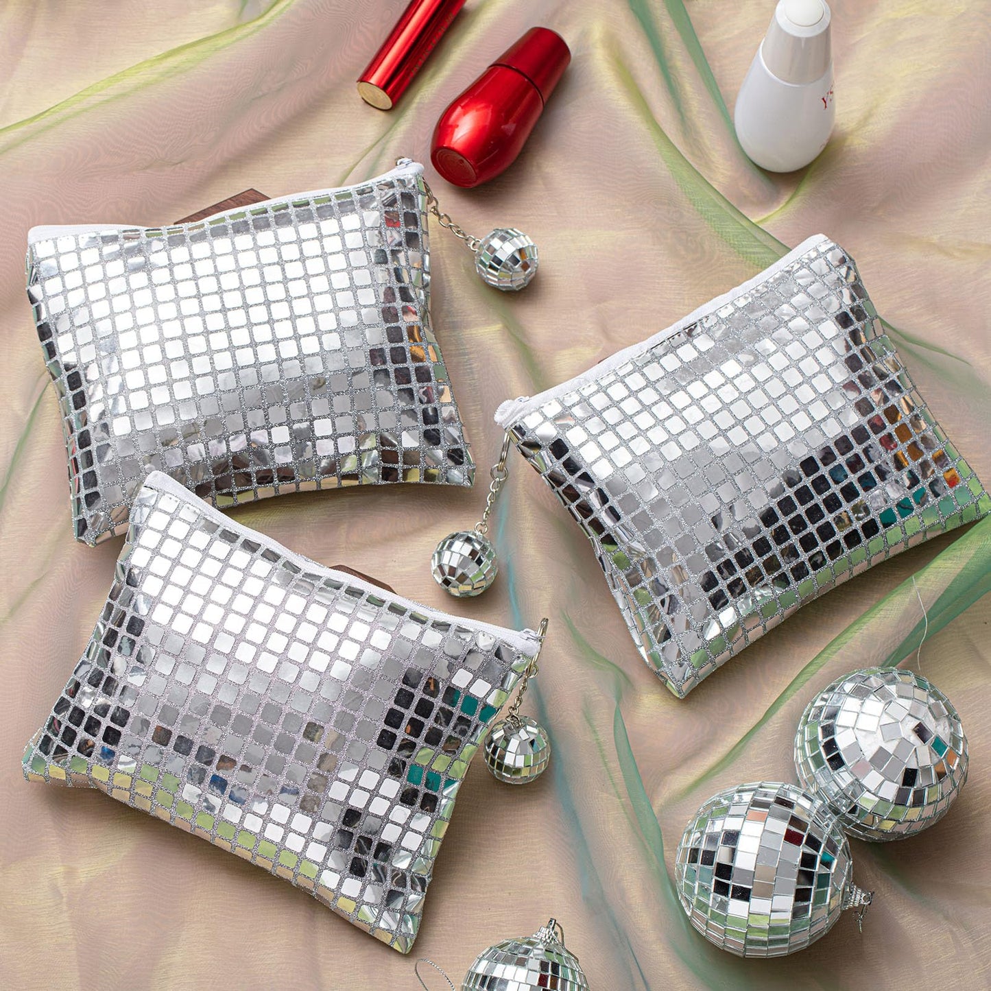 Locmeo 12 Pack Disco Party Favor Bags Bachelorette Sparkly Makeup Sequin Bag Portable Glitter Cosmetic Purse with Disco Keychain for Bachelorette Wedding Birthday 70s Retro Party Decorations (Silver)