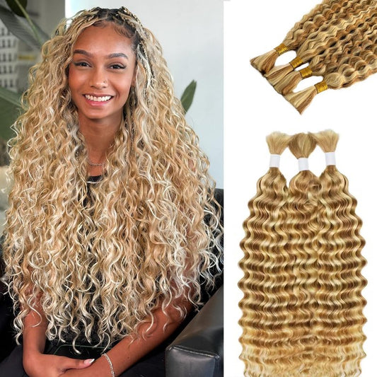 Ombre 27/613 Blonde Human Braiding Hair 18 Inch Water Wave Bulk Human Hair 100g Deep Curly Honey Blonde to Bleached Blonde Highlight Human Hair Extensions for Boho Braids Hair No Weft for Women