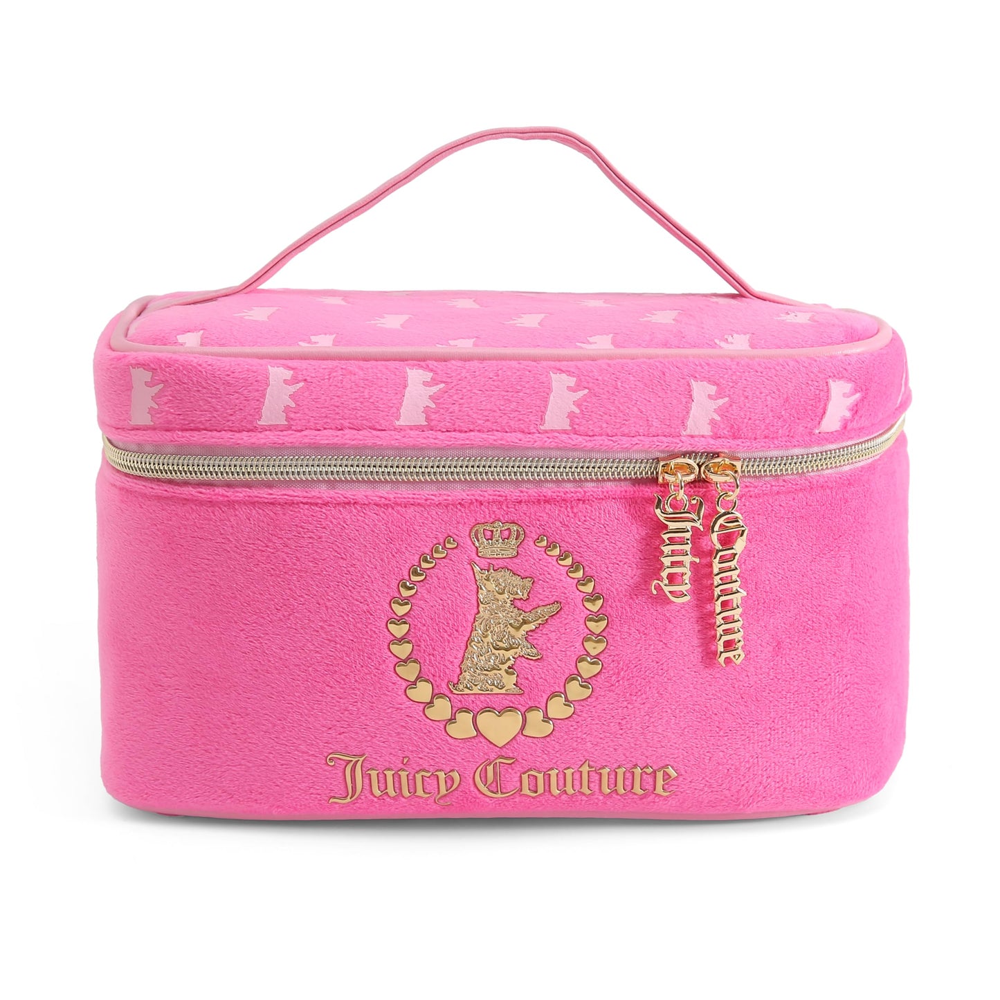 Juicy Couture Hot Pink Makeup Bag Cosmetics Organizer Travel Essentials Train Case Gold Terroir Dog Crown Velour