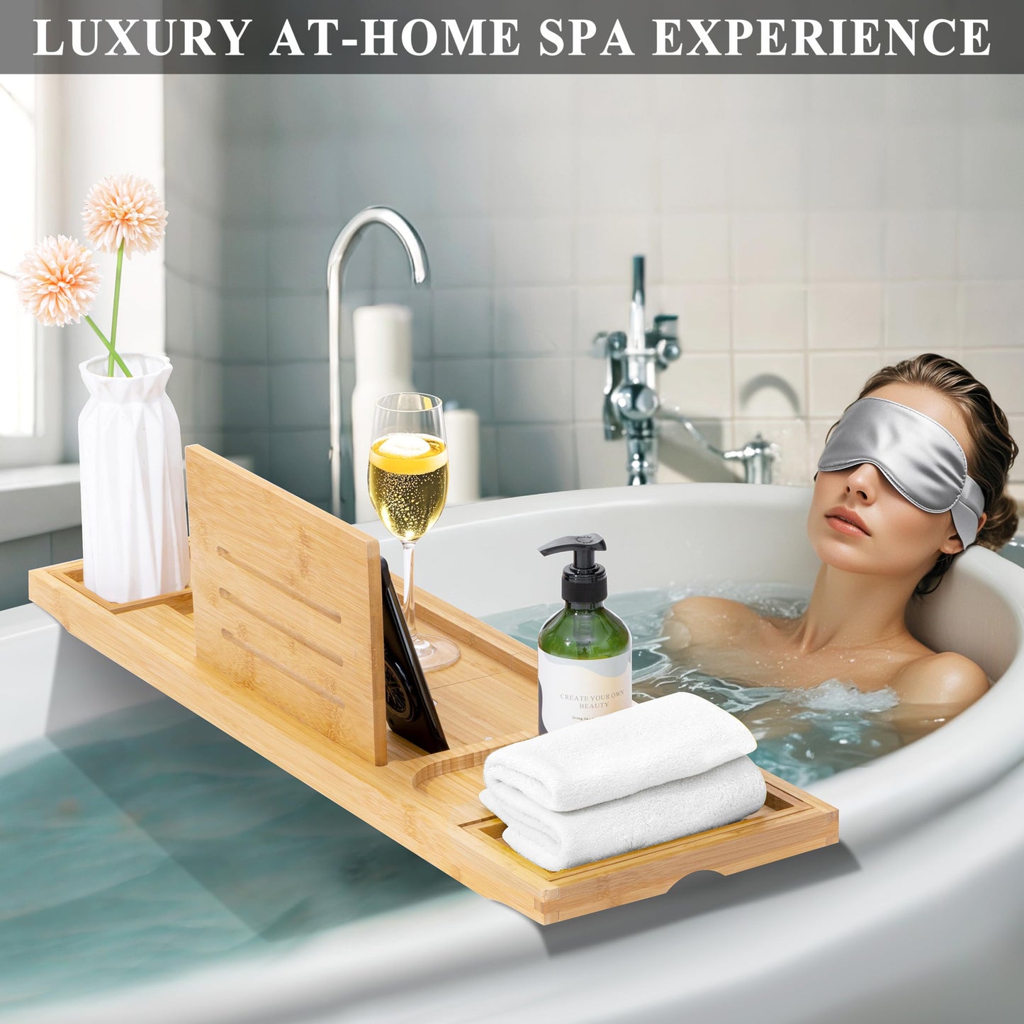 AUTODECO Bathtub Tray, Bamboo Bath Tray for Tub, Expandable Bath Tray with Bamboo Book Stand, Soap Tray, Bathtub & Bathroom Accessories Perfect for Home Spa, Natural Colour