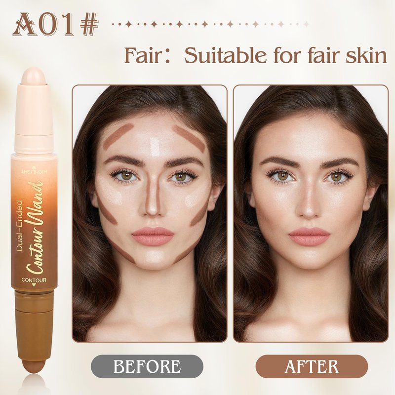 Contour Highlighter Stick，2-in-1 Dual-Ended Cream Bronzer & Highlighter Sticks Pen for Face Body Contouring Makeup- Buildable，Waterproof, Easy to Apply Suitable for Beginners，01Nuetral Nude + Beige