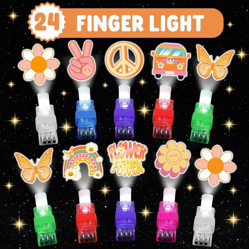 Groovy Party Favors Set - 72 PCS Tattoos & LED Finger Lights | Glow In The Dark Birthday Goodie Bag Fillers for Kids