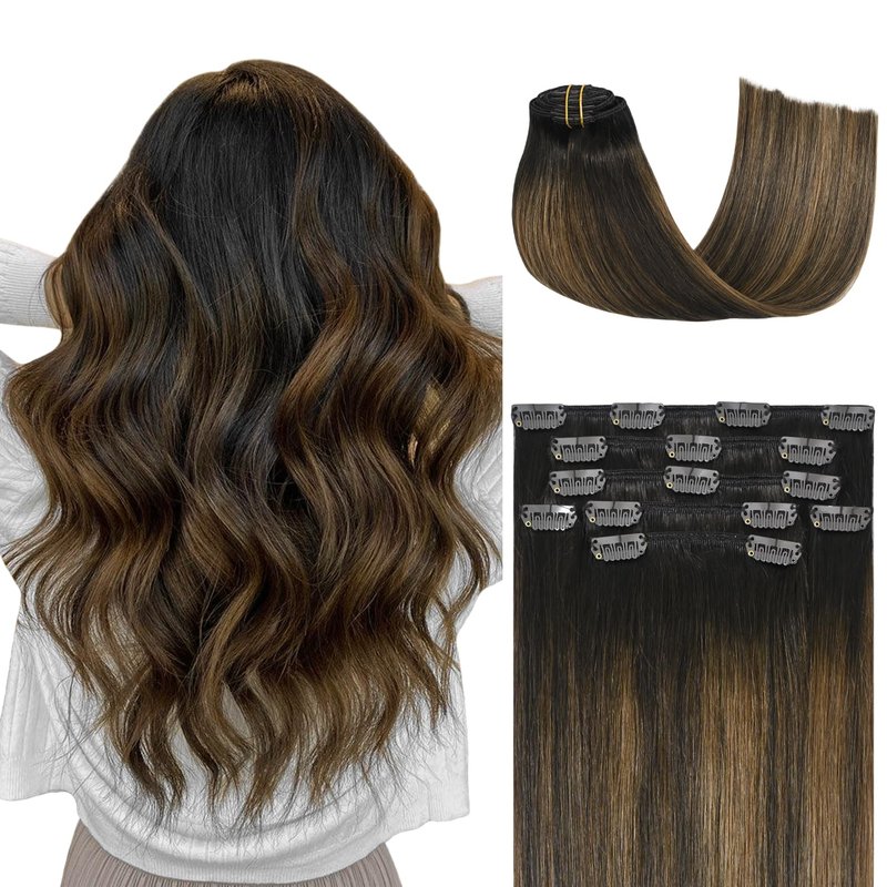 Clip In Hair Extensions - Real Human Hair Dark Brown to Chestnut Brown | 70g 7pcs 12-Inch Remy No Tangles