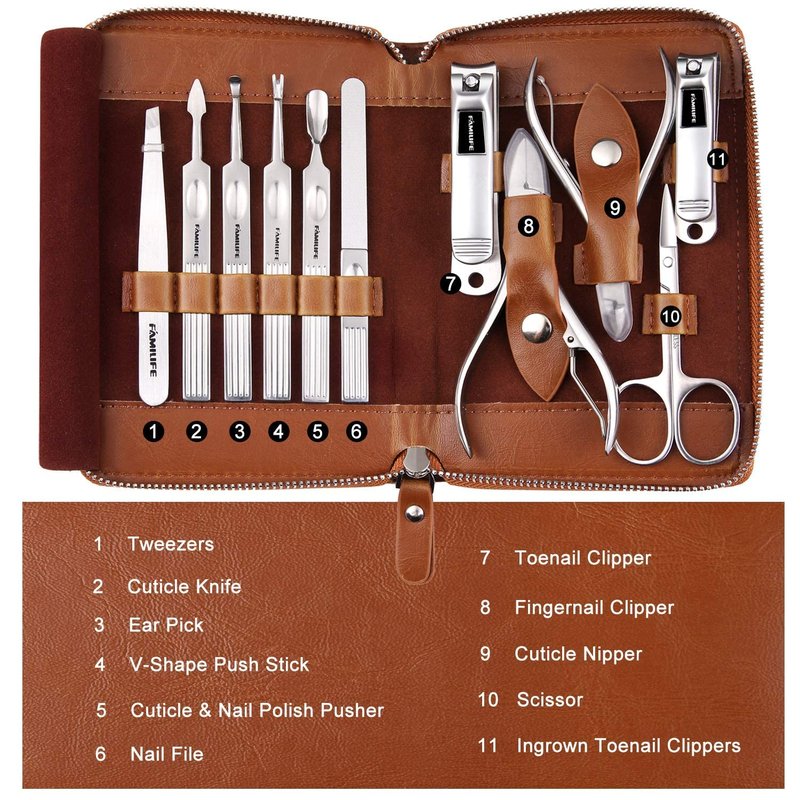 Professional Manicure Set - 11-Piece Stainless Steel Nail Clippers & Pedicure Tools | Portable Brown Leather Travel Case for Men