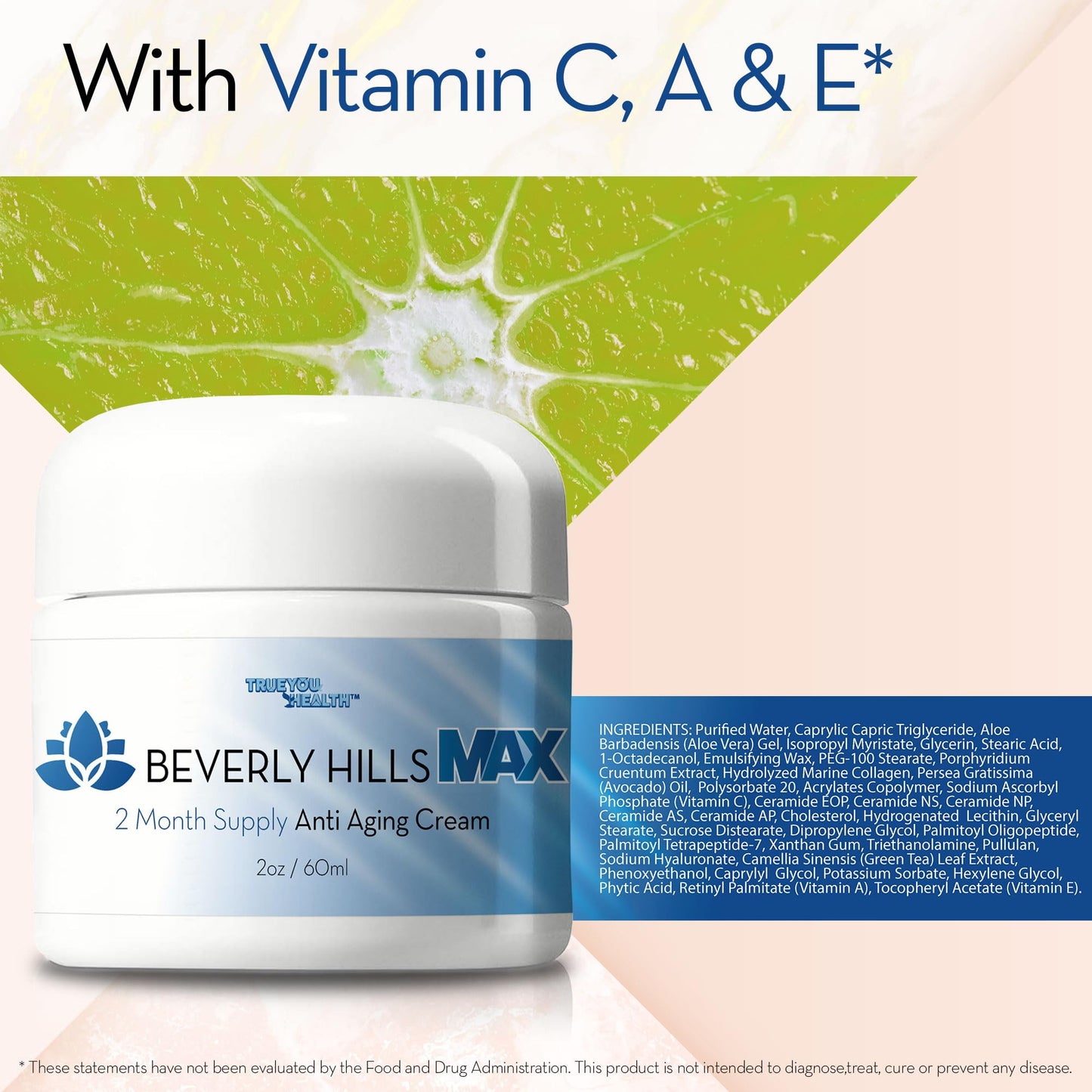 Beverly Hills Max Cream - 2 Month Supply - Anti Aging Cream with Vitamin C, E, & A - Lift & Firm with Anti Wrinkle Moisturizer Formula - Support Skin Stem Cell Longevity - Anti Aging Collagen Cream