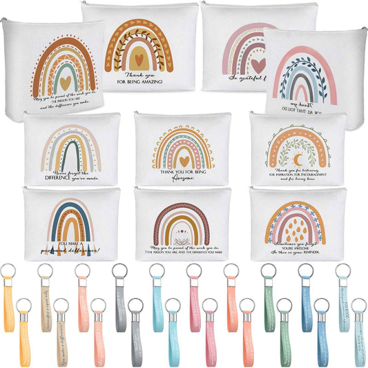 Hillban 60 Pcs Rainbow Canvas Makeup Bags Bulk Christmas Rbt Teacher Appreciation Gifts 30 Cosmetic Bags 30 Inspirational Keychains for Women Teacher Coworker Volunteer Nurse