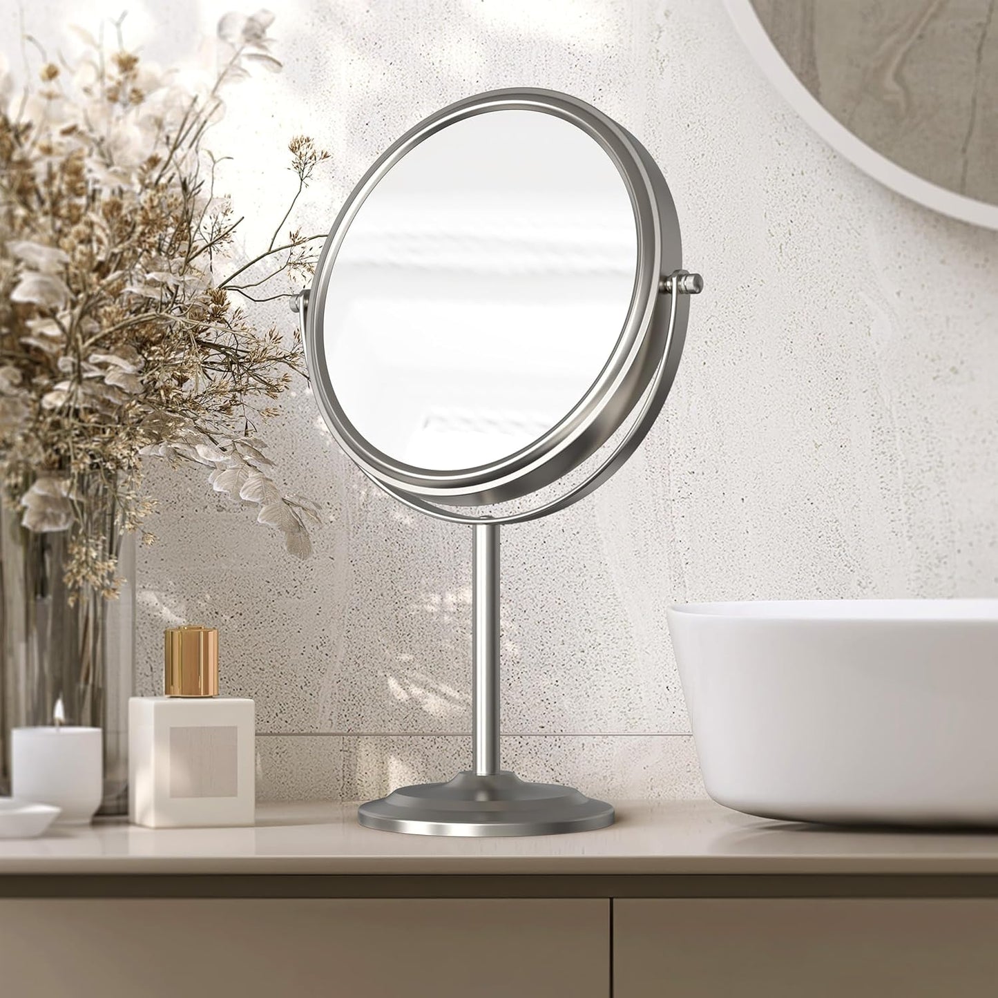 Makeup Mirror with Stand - 8 Inch Double-Sided Design | 7X Magnification, Nickel Finish
