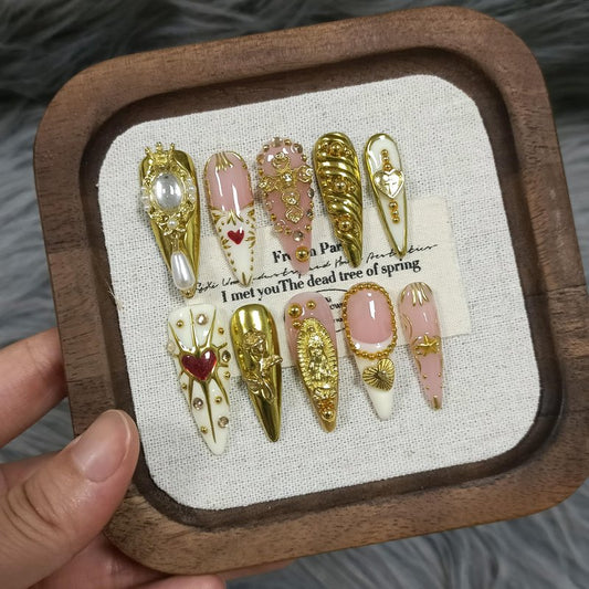 TENPAL 10Pcs Handmade Egyptian Press On Nails With Tools,Golden Palace Long Stiletto Glue on Nails,Glossy Sacred Rose & Cross Charms Fake Nails with Crystal Luxe,Acrylic Nails for Women Gifts(M)