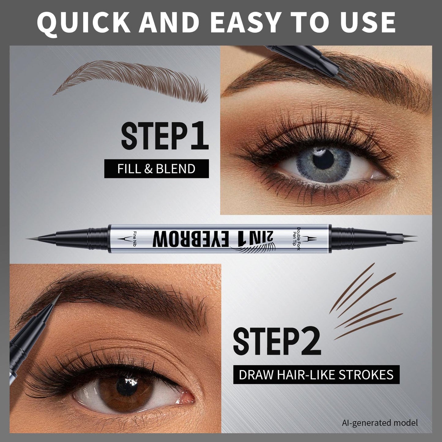 JIAYUTONG 2 Prong Tip Microblading Eyebrow Pen - 2-in-1 Waterproof Eyebrow Pencil, Long-Lasting Natural Hair-Like Brows, Smudge-Proof & Easy to Use (02# Brown)