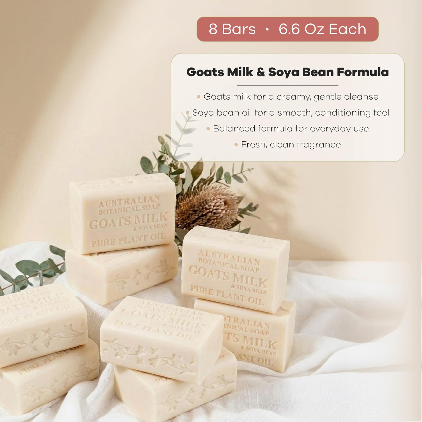 Australian Botanical Soap Goats Milk Bars, 6.6 oz Each, Pack of 8, Triple Milled with Soya Bean Oil & Organic African Shea Butter, Cleansing Bar Soap, Packaging May Vary