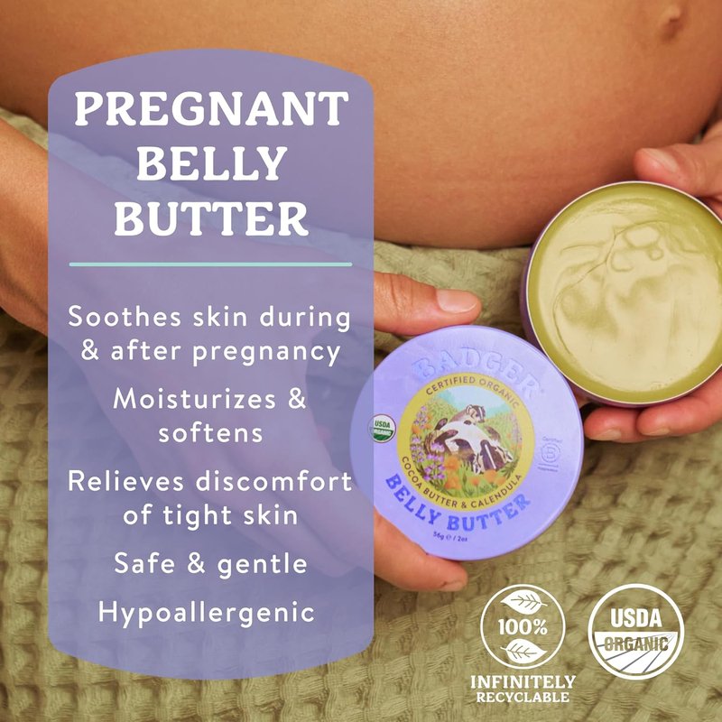 Organic Stretch Mark Cream - Badger Belly Butter with Cocoa & Coconut | Hypoallergenic Moisturizer, 2 oz Tin
