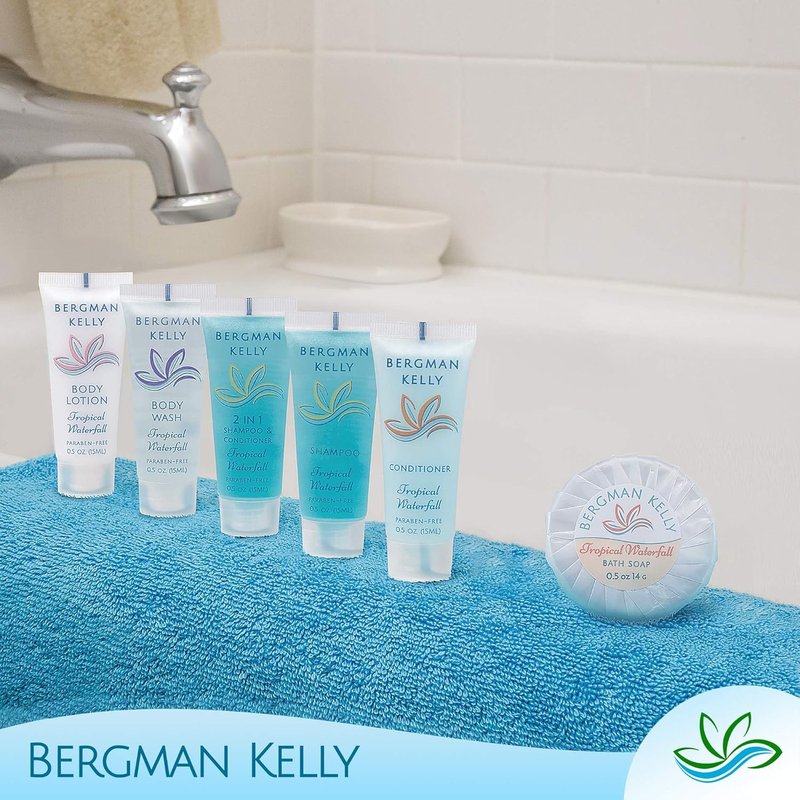 Bergman Kelly Hotel Soap Bars | Tropical Waterfall Scent, 0.5 oz, 100 Pack - Travel Size Mini Toiletries for Airbnb & Motels