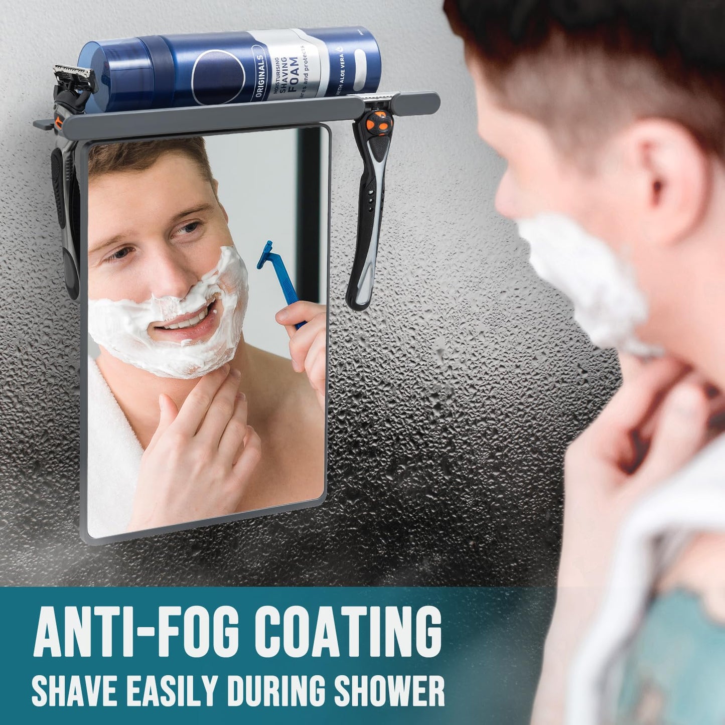TAILI Shower Mirror Fogless for Shaving, Anti Fog Shaving Mirror with Razor Holder NO-Drilling,Removable,Shatterproof & Waterproof,Wall Mounted Bathroom Accessories with Powerful Suction(Grey)
