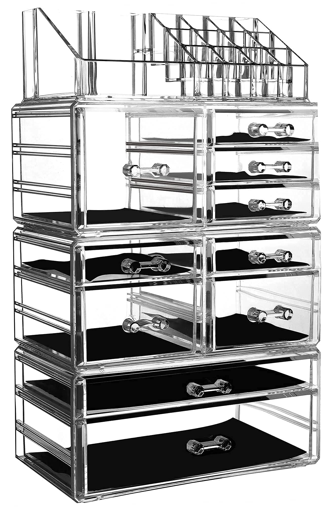 Cq acrylic 4 Pack Clear Make up Organizer Countertop,Stackable 10 Drawers Makeup Storage,Cute Vanity Organizers for dresser Hair Clip,Jewelry,Beauty Product Desk and Bathroom Organizers and Storage