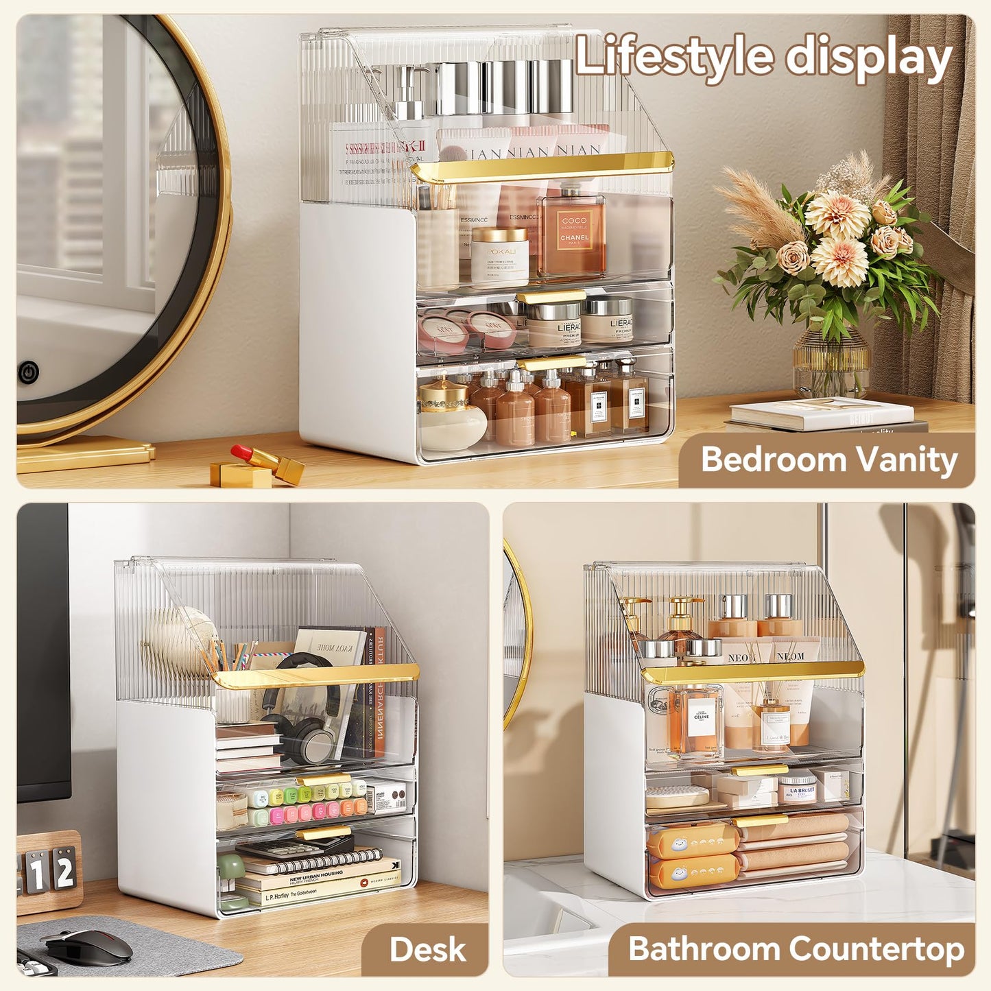 Makeup Organizer Countertop with Lid, Skincare Organizers for Vanity, 3 Tiers Clear Makeup Storage Cosmetic Display Cases Holder for Bedroom Bathroom Dresser Desk Countertop