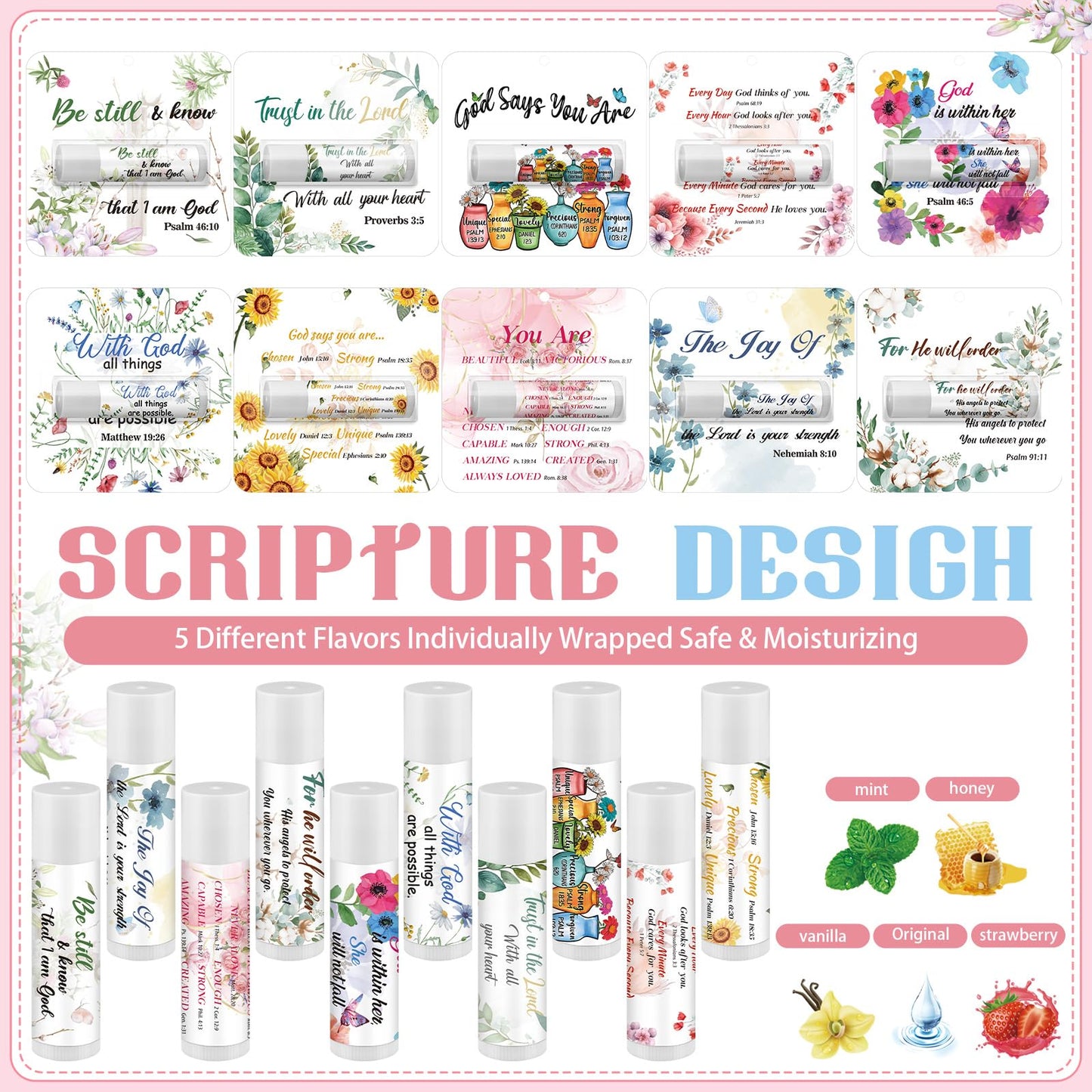 Sacubee 50 Pack Christian Gifts Bulk for Women Men Religious Lip Balms Bulk Church Party Favors Christmas Party Gifts Stocking Stuffers Bible Verse Study Supplies for Employee Staff Coworker
