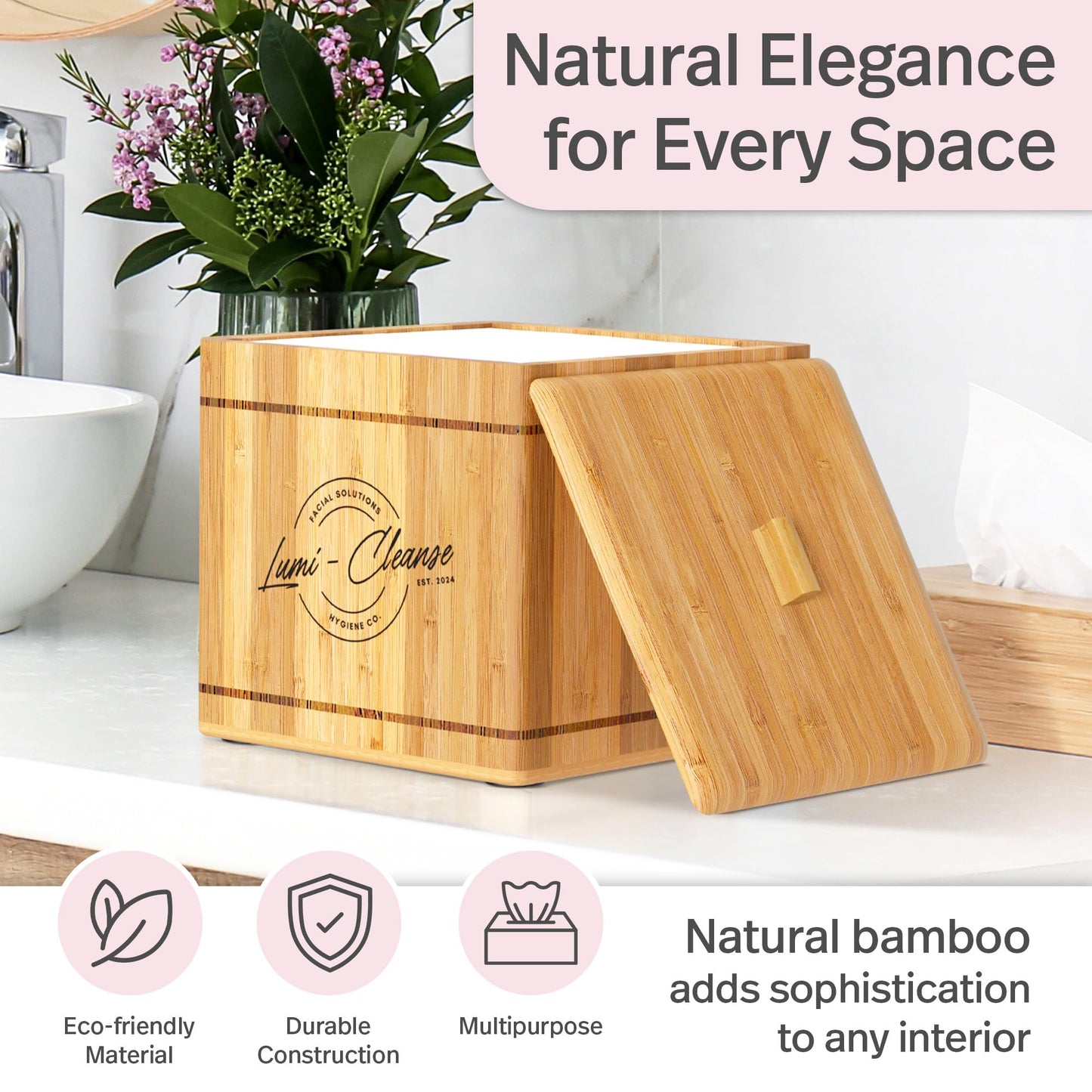 Premium Disposal Towel Holder, Bamboo Box with 50 XL Ultra Soft Clinically Tested Towels, Vegan, Lint Free