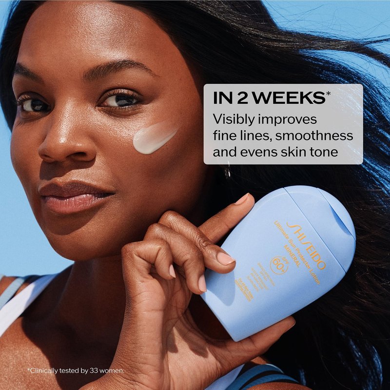 Shiseido Ultimate Sun Protector Lotion Mineral SPF 60+ - Sheer, Broad-Spectrum Sunscreen for Face & Body - Visibly Improves Fine Lines, Smoothness & Skin Tone - Fragrance Free, All Skin Types - 50 mL